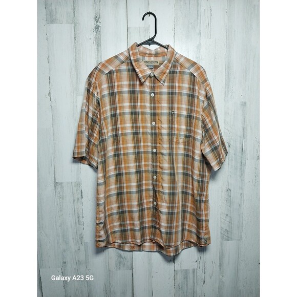 Quiksilver Shirt Men Extra Large Orange Plaid Logo Button Up Collar Short Sleeve - Picture 1 of 7